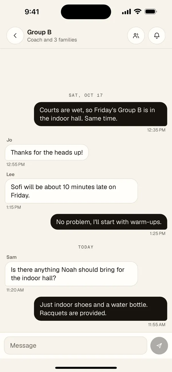 A class chat between the coach and the families in Group B