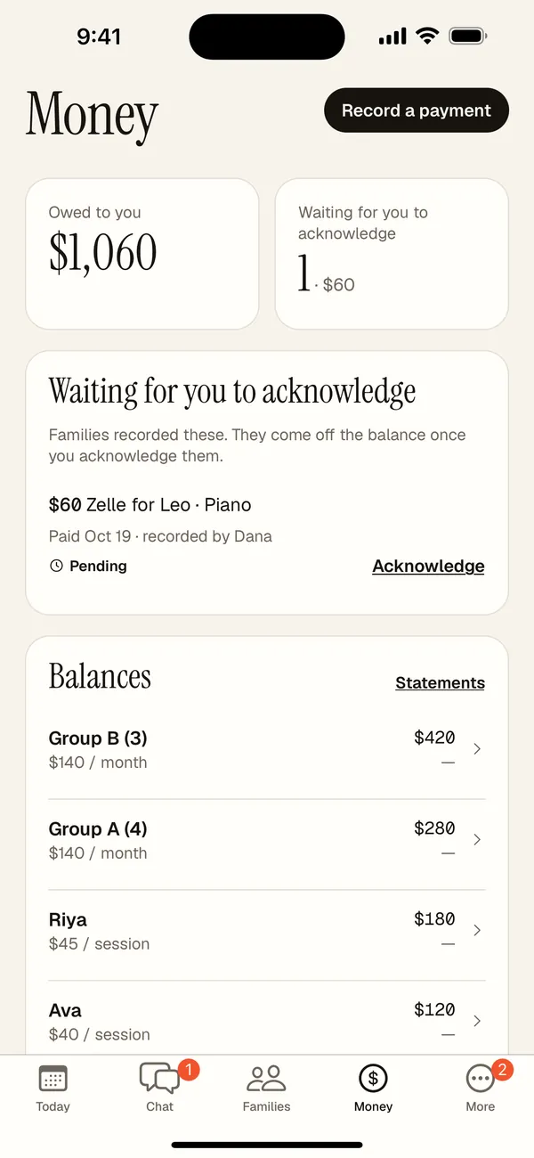 Money screen with amount owed, a payment to acknowledge and balances