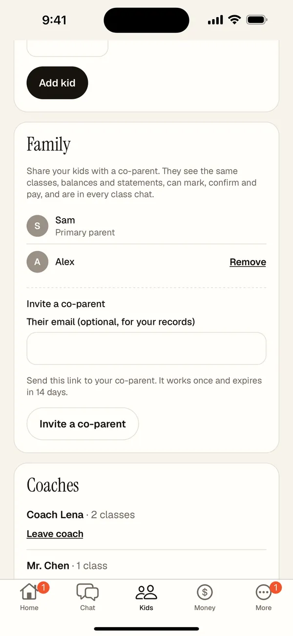 Family card with the primary parent, a co-parent and an invite form