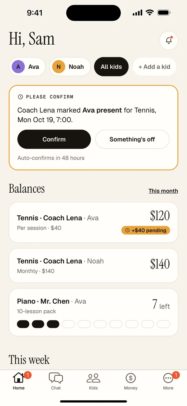 Parent home screen asking to confirm a lesson, with balances per kid