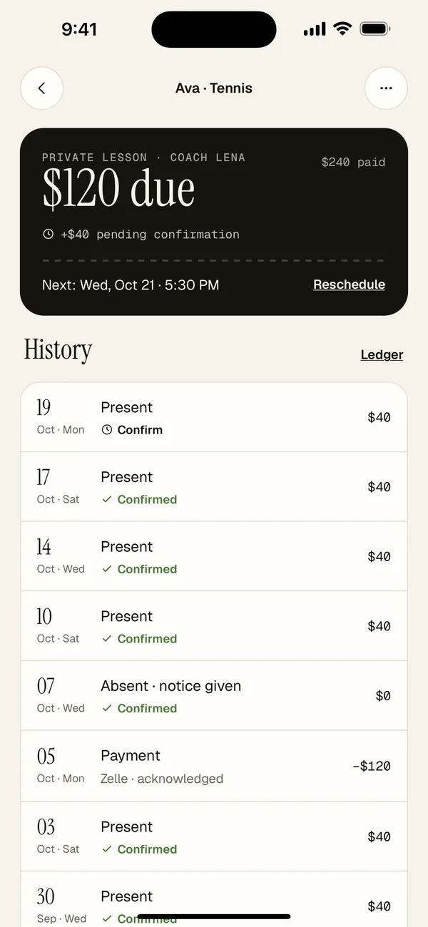 Kid detail with amount due and every lesson in the history