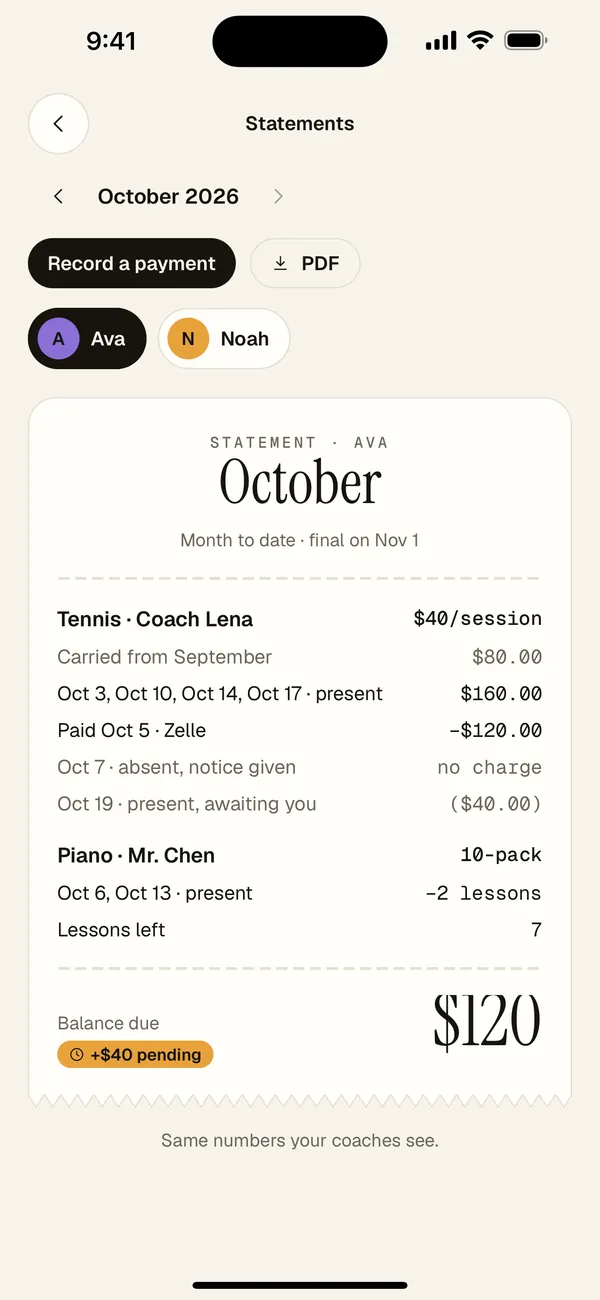 A monthly statement for one kid, receipt style